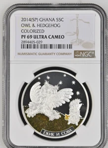 5 CEDIS 2014 GHANA ANIMATION HEDGEHOG AND OWL SILVER PROOF NGC PF69 - Picture 1 of 4