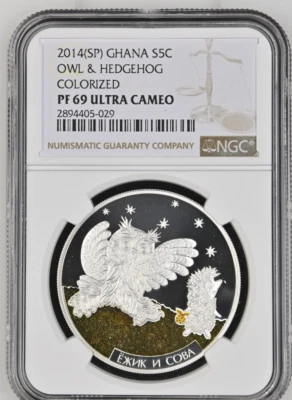 5 CEDIS 2014 GHANA ANIMATION HEDGEHOG AND OWL SILVER PROOF NGC PF69 - Image 1 of 4