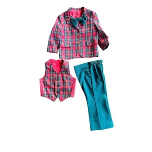 Vintage 70s Toddler Boys Christmas Suit Vest Pants Bowtie 24 months - 2T - Picture 1 of 14