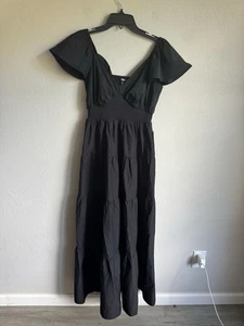 NWT Express Black V-Neck Tiered A-Line Midi Sundress Womens S Whimsigoth - Picture 1 of 6