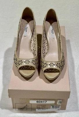 PRADA Platform Tan/Quarzo Floral Cutout Peep-toe 3" Heels EU 35 US 5 Excellent - Image 1 of 4