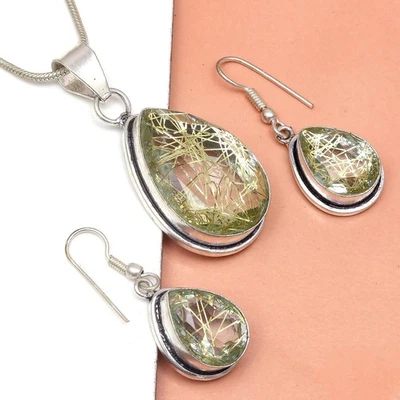 Conjunto de pendientes de oro rutilo joyería 18-20"" colgante cuarzo esterlina Foto 1 de 4