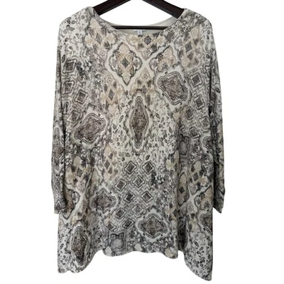 Túnica J Jill manga longa forrada de malha bege estampa marrom tamanho 4X - Imagem 1 de 4