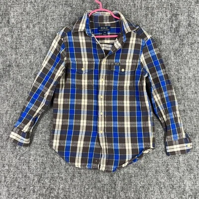 Camisa Polo Ralph Lauren Niños Pequeña Azul Franela a Cuadros Botones Tareas Exterior Foto 1 de 4