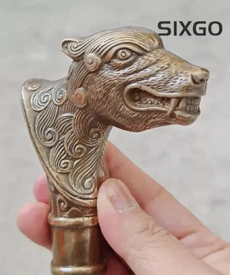 Cabeza de perro lobo bestia bronce zodiaco mango de bastón Foto 1 de 4