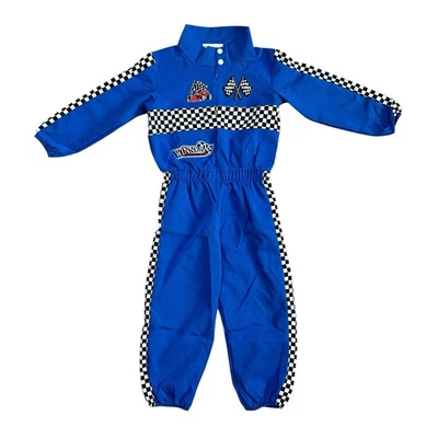 Race Car Driver Pit Crew Halloween Costume Blue Checkered Flag Boys Size 4T - Image 1 of 4