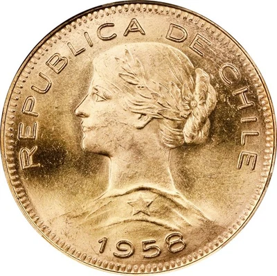 Чили: золото 100 песо 1958-So PCGS MS-64, Сантьяго монетный двор. Потрясающий новый государство PQ! - Изображение 1 из 4