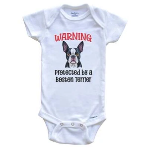 Warning Protected By A Boston Terrier Funny Dog Breed Baby Bodysuit - Picture 1 of 2