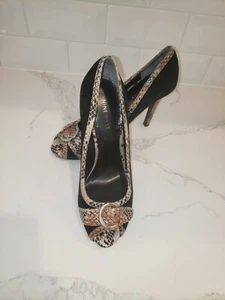 NINE WEST Popicono Suede Snakeskin Black Peep Toe Pump Heels Size 7 Women's - Picture 1 of 6