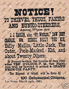 Notice to Thieves Thugs Fakirs OLD WILD WEST POSTER WESTERN BILLY THE KID 024 - Picture 1 of 1