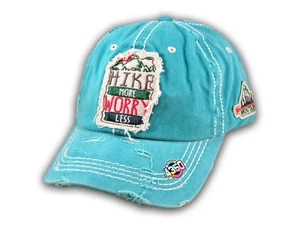 Turquoise Hike More Worry Less Washed and Distressed Baseball Cap - Picture 1 of 4