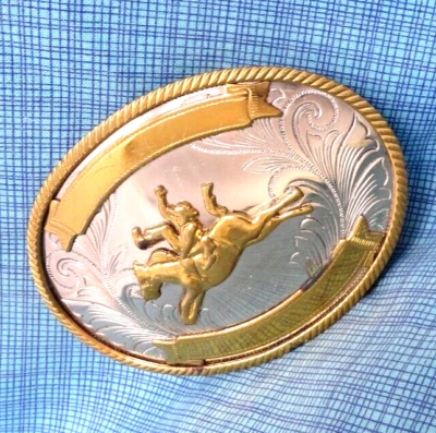 Rodeo Cowboy Bareback Rider Belt Buckle Western German Silver Trophy Vtg .NOX697 - Image 1 of 4