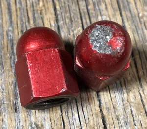OLD SCHOOL BMX AXLE HUB NUTS SET RED ANODIZED USED AXLE NUT VINTAGE OLDSCHOOL - Picture 1 of 4