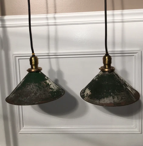 35” Industrial Pendant Light Fixtures Green Shades Antique Wired Pair Cover