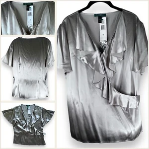 LAUREN RALPH LAUREN New 12 100% Silk Ruffle Silver Large Blouse Flutter SS Shirt - Picture 1 of 24
