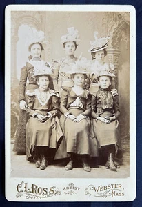 Six Young Women Hats Studio Portrait Painted Backdrop Cabinet Card Photograph - Picture 1 of 3