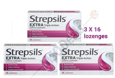 Strepsils Extra Triple Action Cherry Lozenges 3 X 16s.