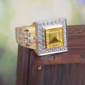 Natural Citrine Gemstone with Gold Plated 925 Sterling Silver Men's Ring #5651