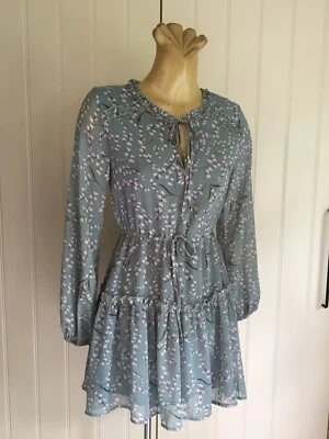 VESTIDO Mini Verde Floral Volantes Manga Larga Cordón Cintura Talla 8 Campesino Hippie Foto 1 de 4