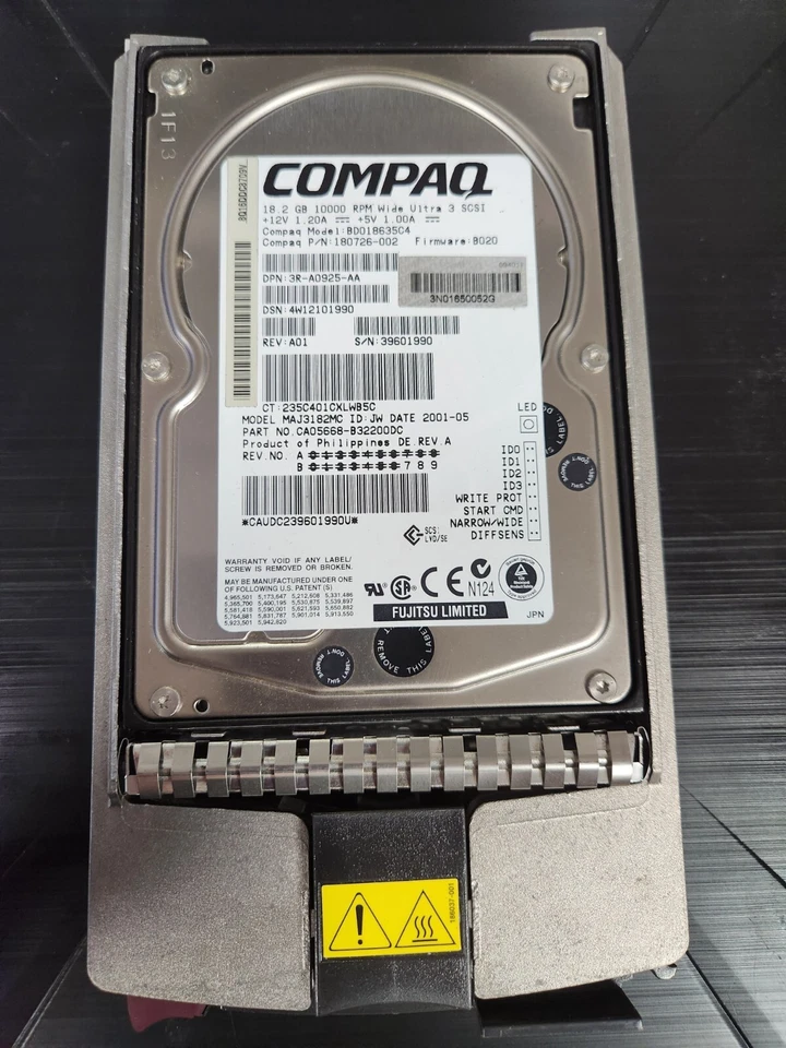 COMPAQ 3.5" 18.2GB 10K RPM Hard Drive: BD018635C4 Wide Ultra 3 SCSI - Image 1 of 4