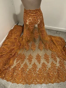 Orange Heavy Beaded Sequin Rhinestones Embroidery Lace Fabric 50” Width 1 Yard - Picture 1 of 10