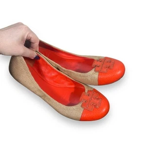 Tory Burch Carita $298 Raffia Straw / Orange Leather Ballet Flat Size 10.5 - Picture 1 of 6