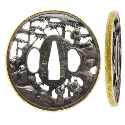 Espada japonesa antiga assinada por Tsuba Soten Seven Sages encaixe Samurai Katana - Imagem 1 de 4