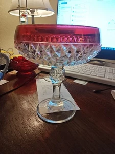 VTG Glass Indiana Cranberry/Ruby /Flash Diamond Point Pedestal Candy Dish 7.5” - Picture 1 of 2