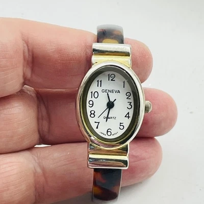 GINEBRA Reloj de Cuarzo Mujer Ovalado Esfera Blanca Marrón Tortuga Brazalete Clásico Analógico Foto 1 de 4