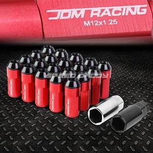 20PCS/SET JDM ALUMINUM RED LUG NUTS W/CAP+ADAPTER M12X1.25 23MM OD/53MM TALL - Picture 1 of 5