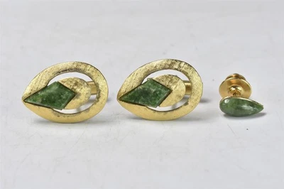 JUEGO DE GEMELOS Y TACHUELAS DE JADE TONO DORADO VINTAGE ESTERLINA #08518 Foto 1 de 4