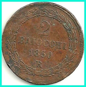 ITALY - 1850-R - VATICAN - PIUS IX - 2 BAIOCCHI COPPER COIN. - Picture 1 of 2