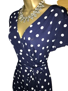 Wallis ❤️BLUE Stretchy Polka Dot Dress Size 18 Petite Swing Wedding Party Cruise - Picture 1 of 6