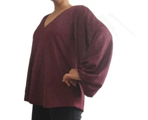 Maurices Women's Large Burgundy Top Blouse Metallic Balloon Sleeve V- Neck - Picture 1 of 9