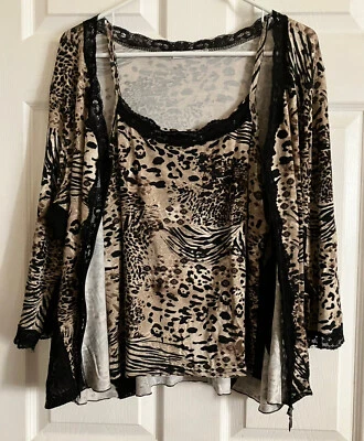 Vtg 90s Carla d'Angeli SET 2 PIECES Top Blouse Cami, Cardigan Leopard Print Lace - Image 1 of 4