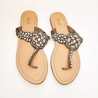 Saks Fifth Avenue Sz 6 Leather Thong Flat Sandals with Rhinestones Bling - Image 1 of 4