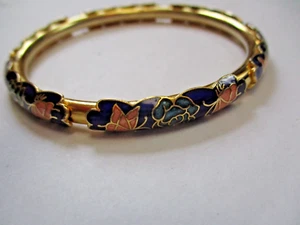 Vintage 2 Layer Blue Enamel CLOISONNE Butterfly Flower Gold Bangle Bracelet - Picture 1 of 10