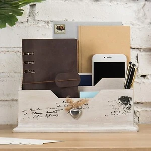 Whitewashed Wood 2 Compartment Desktop Decorative Letter Mail Sorter Organizer - Picture 1 of 6