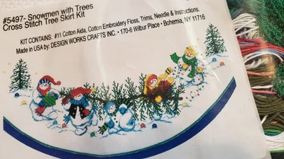New Sealed Herrschners Cross Stitch #11 Cotton Aida Snowmen Tree Skirt #5497 Kit - Image 1 of 3