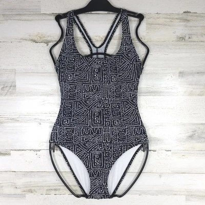 SPEEDO WOMEN'S SIZE 6 BLACK RACERBACK SWIMSUIT WHITE GEOMETRIC PATTERN WIRE FREE - Image 1 of 4