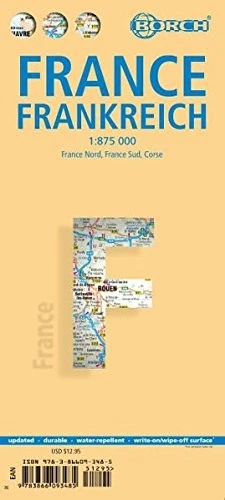 LAMINATED FRANCE MAP BY BORCH (ENGLISH, SPANISH, FRENCH, **BRAND NEW** - Image 1 of 1