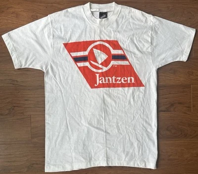 Vintage 80s Jantzen Logo White T Shirt Size Medium Single Stitch Made In USA - Image 1 of 4