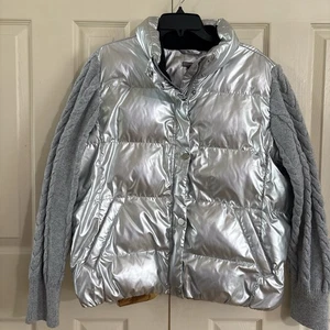 Talbots Metallic Silver Cable Knit Sleeves Puffer Jacket Size XLp (401T) - Picture 1 of 4