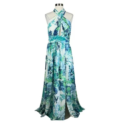 Maxi Vestido Para Mujer Eliza J Talla 12 Azul Floral Chifón Corte Halter Vestido Foto 1 de 4