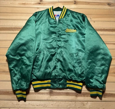 Chaqueta Bomber Vintage Años 80 90 Atletismo Script Logo Botón Delantero Satinado EE. UU. Grande Foto 1 de 4
