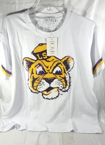 Bomb Designs Women's LSU Vintage Tiger Licensed Sequin Tee - White - L - Picture 1 of 5