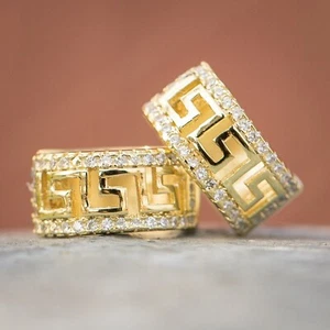 Greek Style Huggie Hoop Earrings CVD Lab Grown Diamond Men's 14k Yellow Gold - Picture 1 of 15