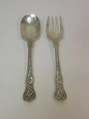 Rare Sterling Silver 9" Serving Fork & Spoon, STAG HUNT Scene, c. early 1800's - Image 1 of 4