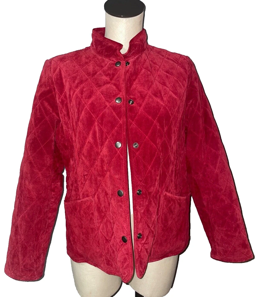 Jaqueta acolchoada Charter Club feminina vintage camurça genuína tamanho MP Snap Front vermelha - Imagem 1 de 4