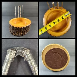 Vintage Elwood Wood Nut Cracker Bowl Tree Bark Carved Felt Bottom Cracker Tools - Picture 1 of 11